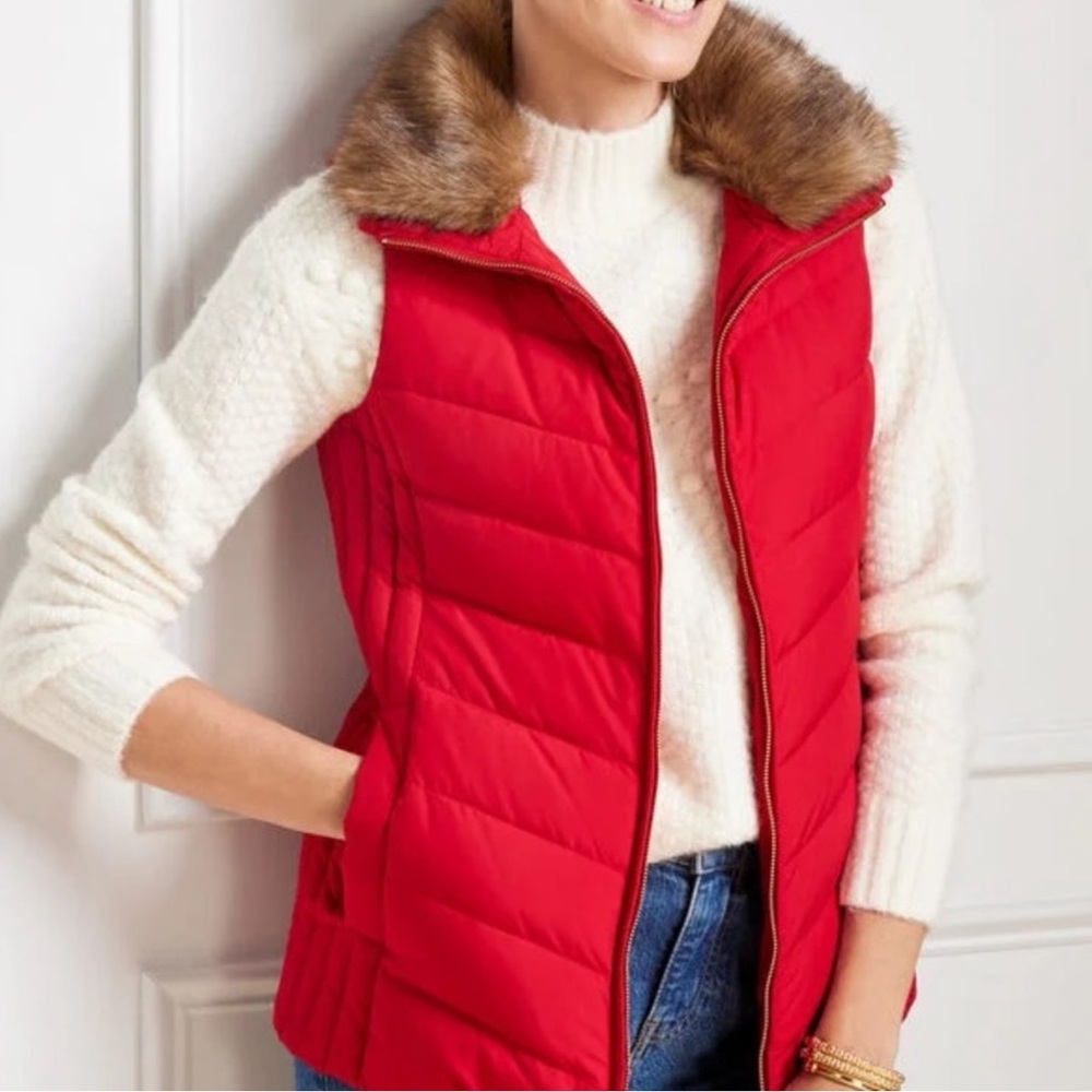 EUC TALBOTS PLUS Red PUFFER QUILTED VEST Size 2X with DETACHABLE FAUX FUR